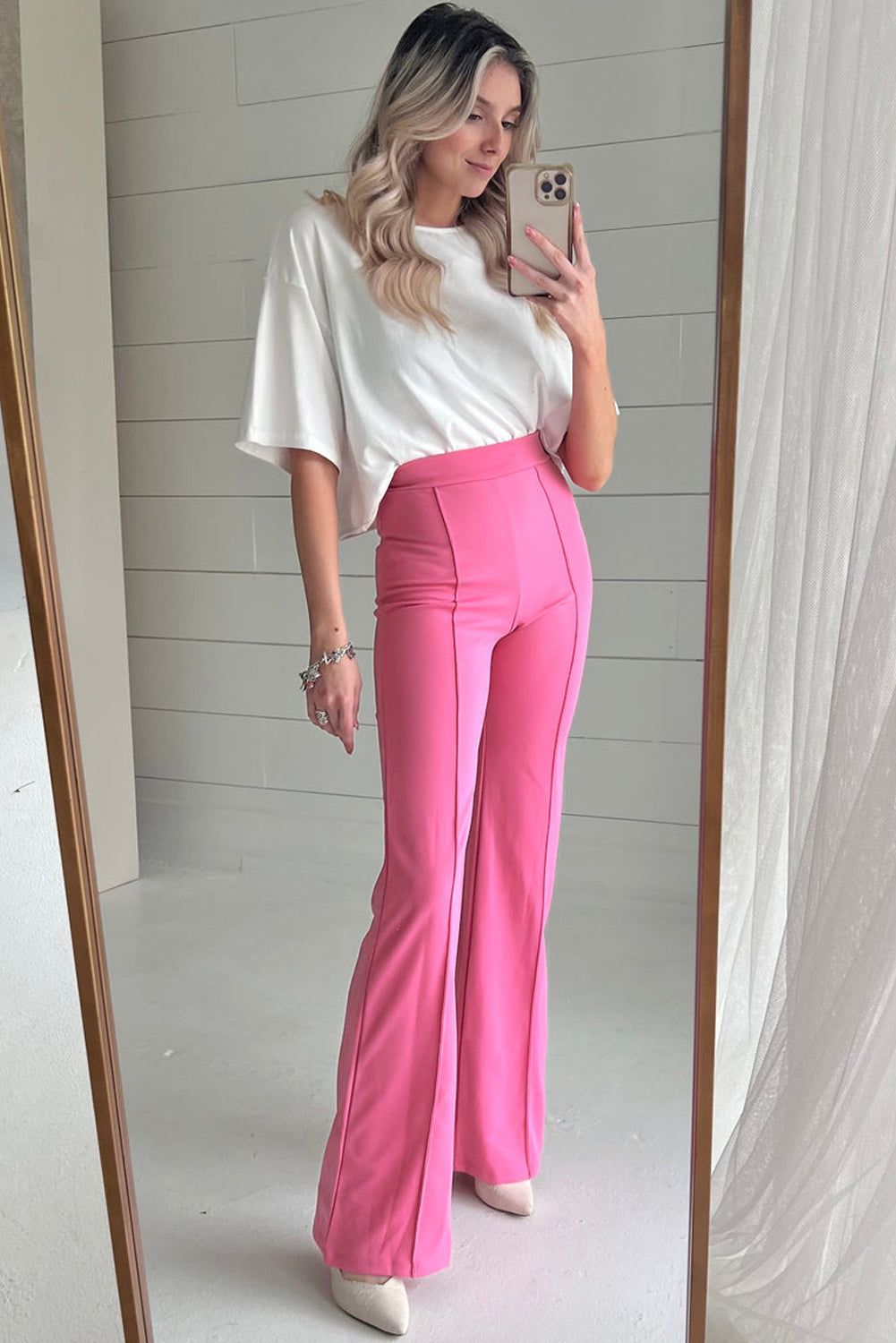 Vintage Style Sachet Pink High Waist Central Seam Flared Pants