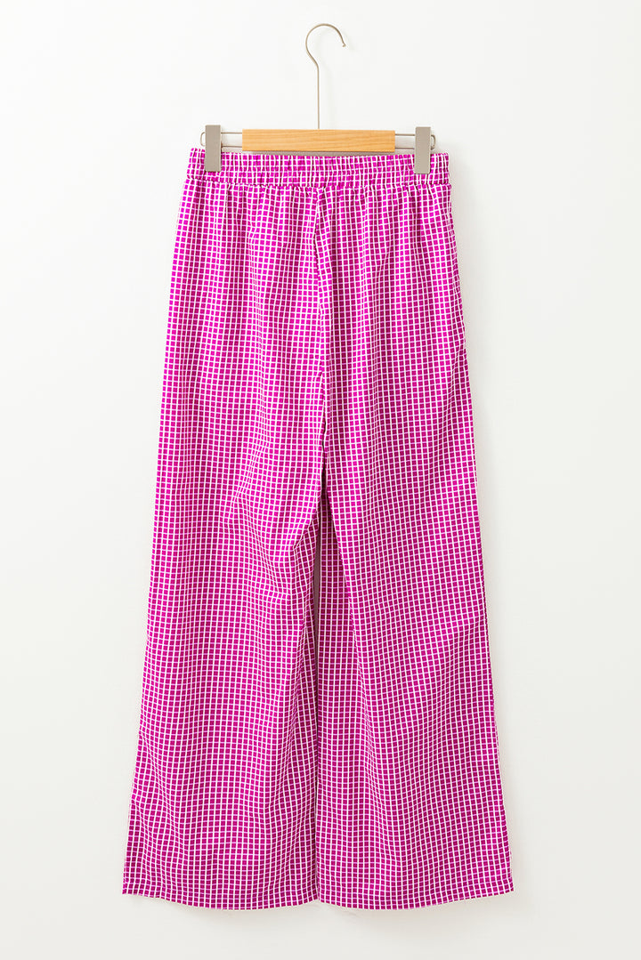 Pink Plaid Drawstring 100% Cotton High Waist Wide Leg