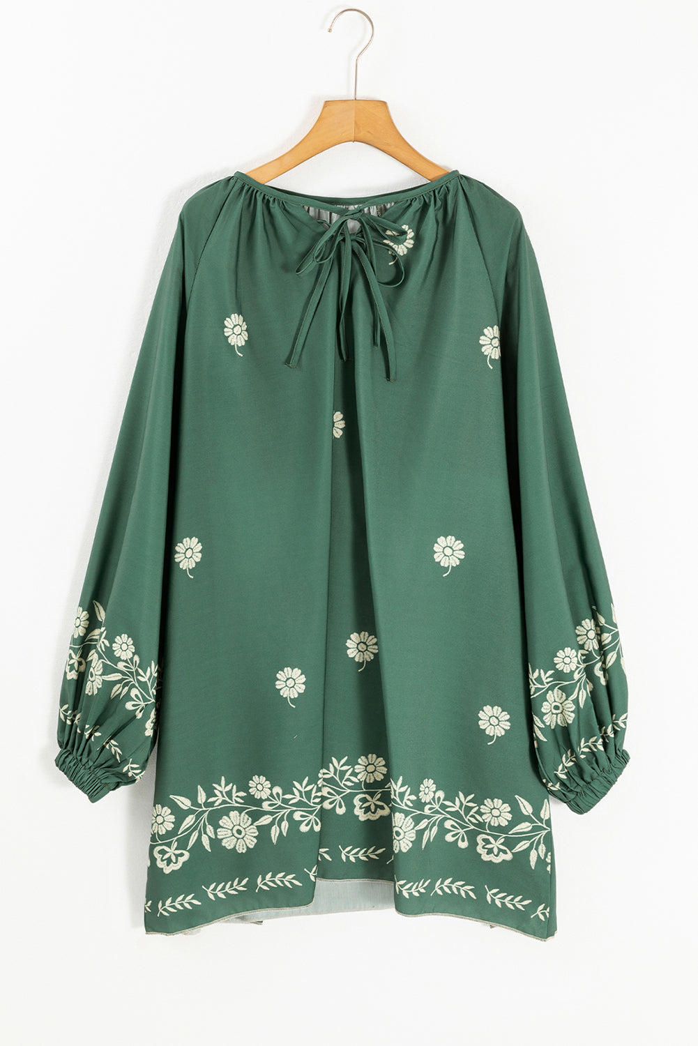 Mist Green Tie Neck Boho Floral Pattern Puff Sleeve Shift Dress