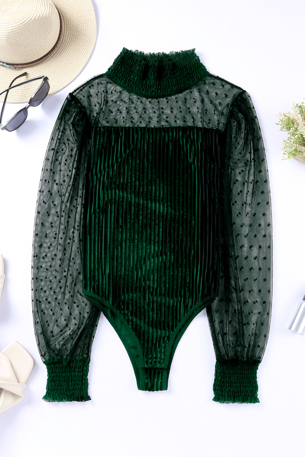 Green Sheer Dotty Long Sleeve Ribbed Velvet Bodysuit