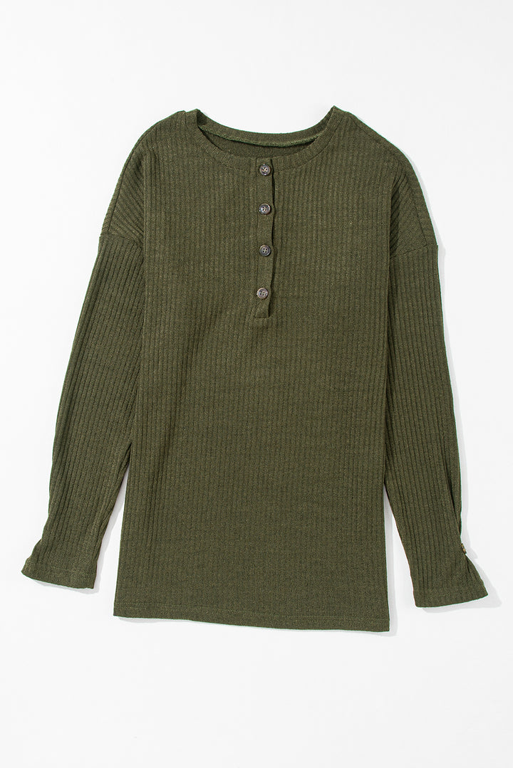 Forest Green Rib Textured Henley Knit Top