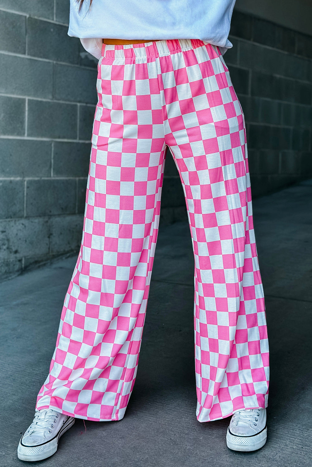 Bonbon 2-Tone Checked Print High Waist Wide Leg Pants