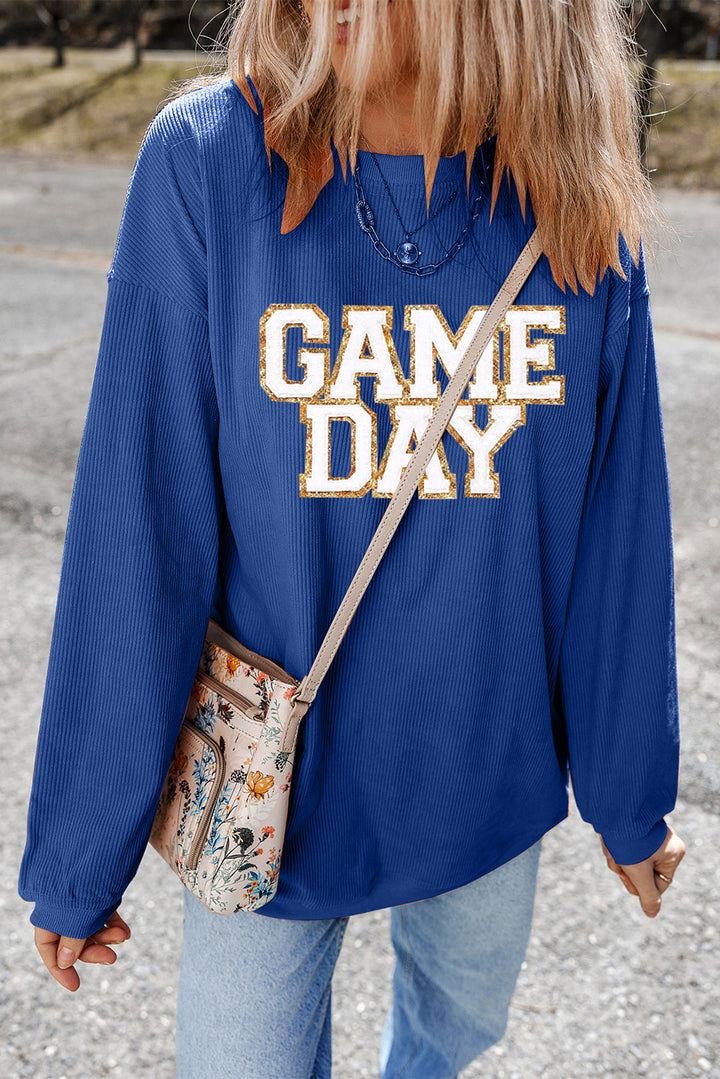 Dark Blue GAME DAY Glitter Detail Ribbed Drop Shoulder Sweatshirt