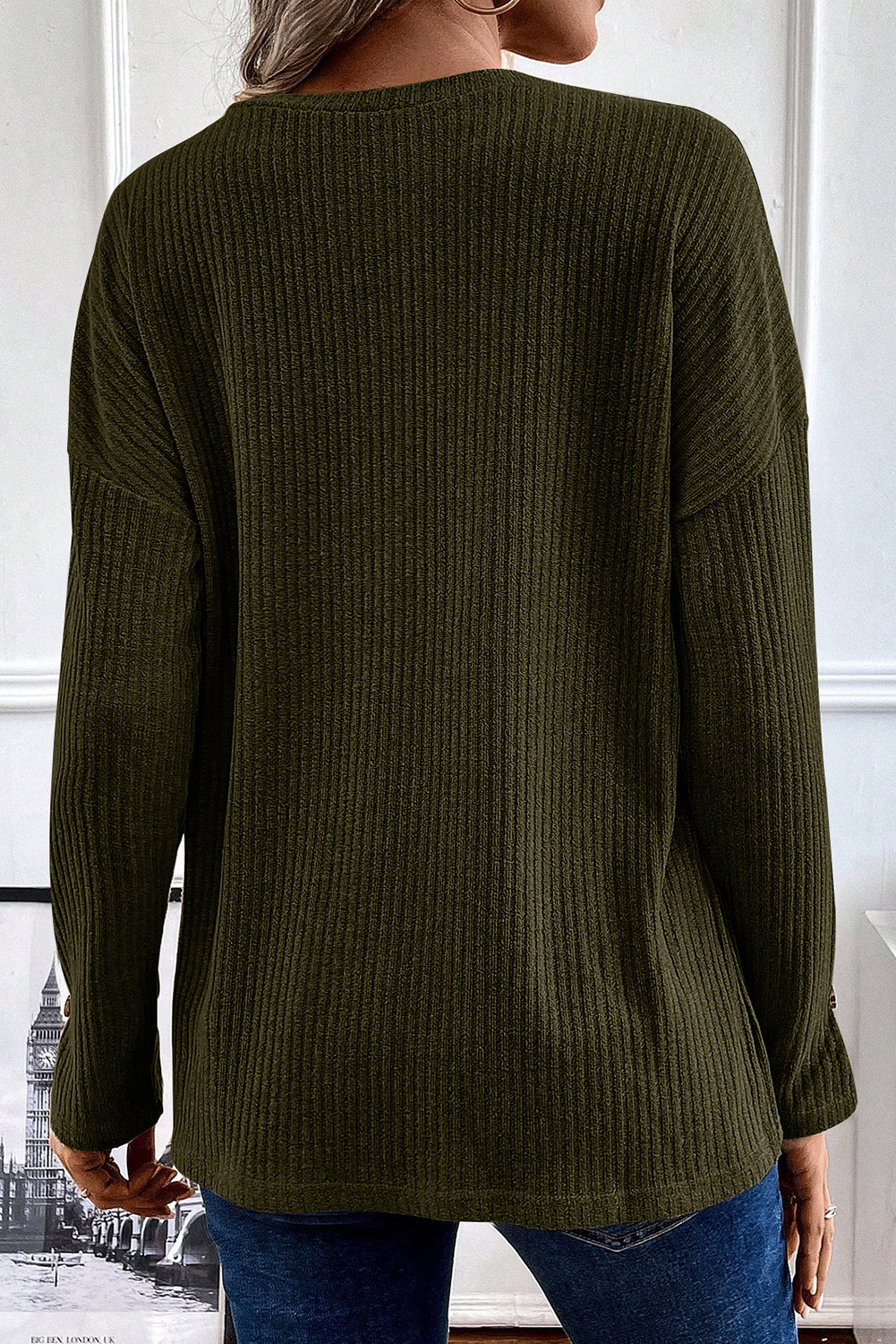 Forest Green Rib Textured Henley Knit Top