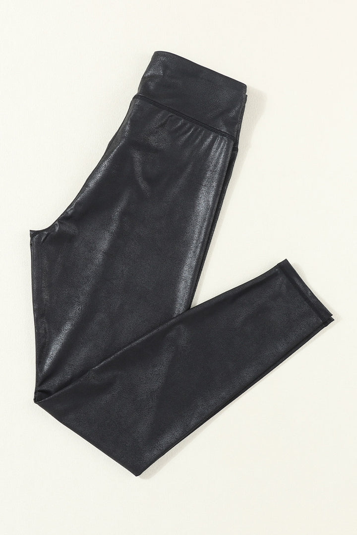 Black Crossed Dip Waist Sleek Faux Leather Leggings