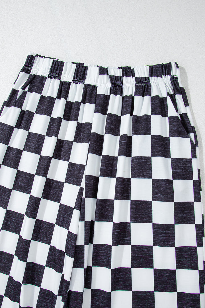 Black 2-Tone Checked Print High Waist Wide Leg Pants