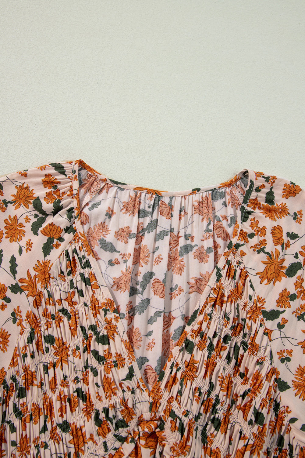 Beige Floral Deep V Neck Bubble Sleeve Babydoll Dress