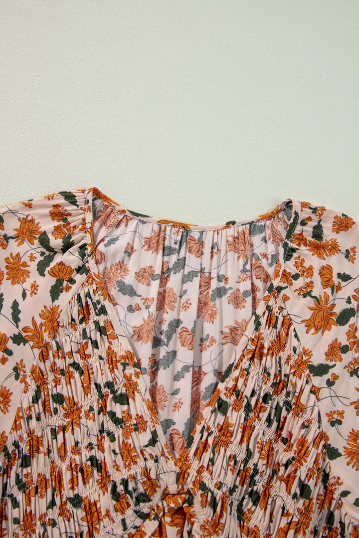 Beige Floral Deep V Neck Bubble Sleeve Babydoll Dress