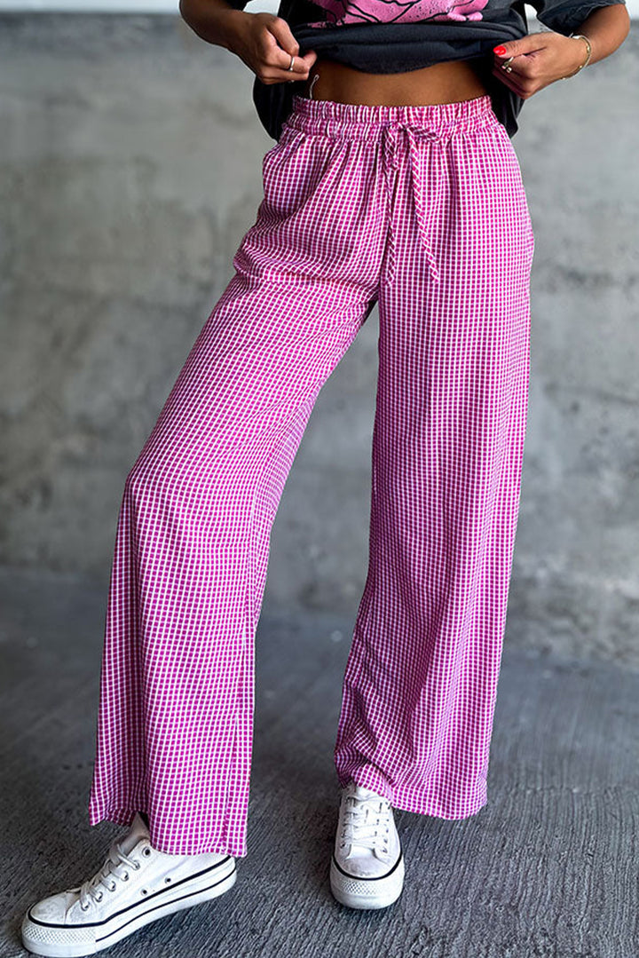 Pink Plaid Drawstring 100% Cotton High Waist Wide Leg