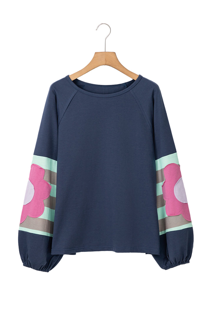 Sail Blue Flower Patchwork Raglan Sleeve Exposed Seam Oversized Top