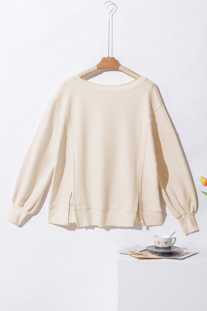 White Waffle knit Bishop Sleeve Split Oversized Top