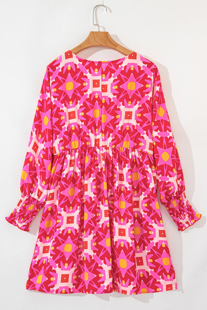 Strawberry Pink Geometric Print Smocked Long Sleeve Mini Dress