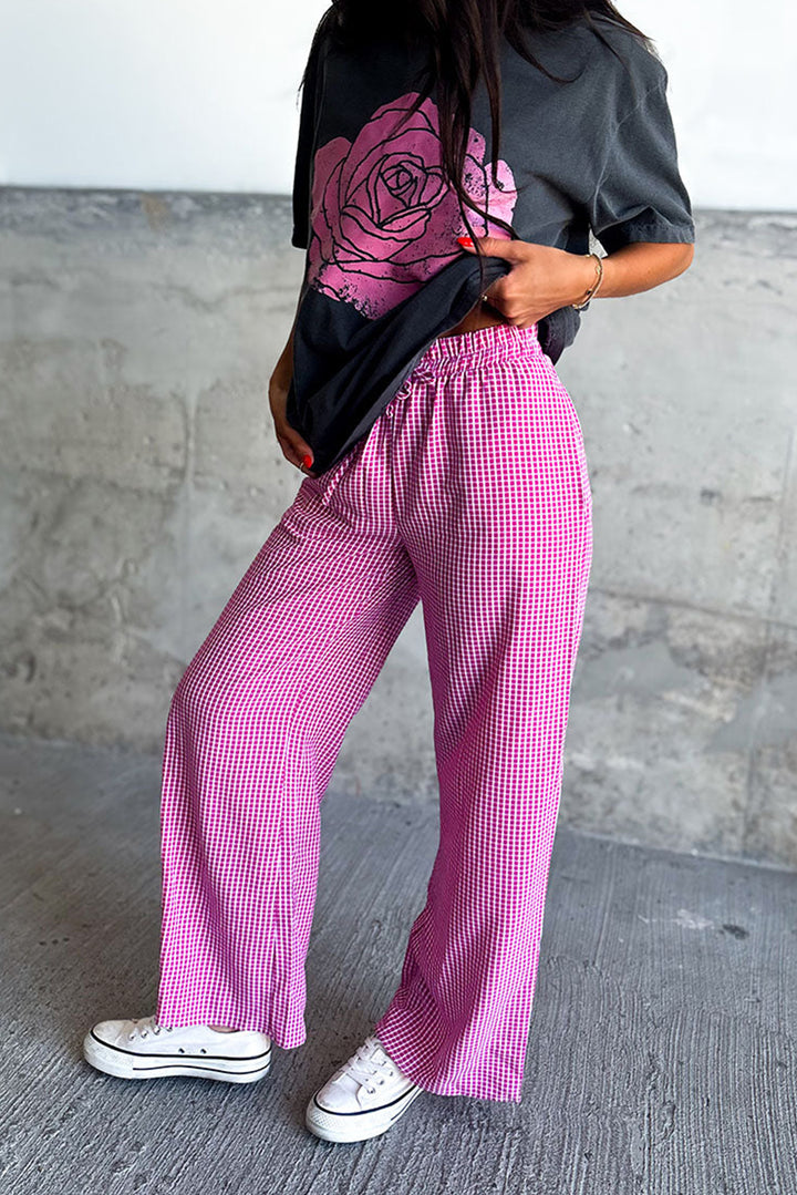 Pink Plaid Drawstring 100% Cotton High Waist Wide Leg