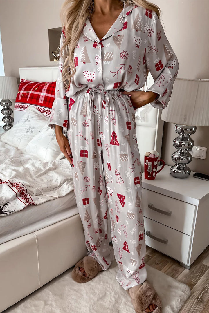 Light Grey Christmas Printed Top and Bottoms Pajama Set