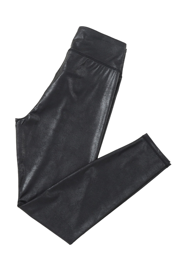 Black Crossed Dip Waist Sleek Faux Leather Leggings