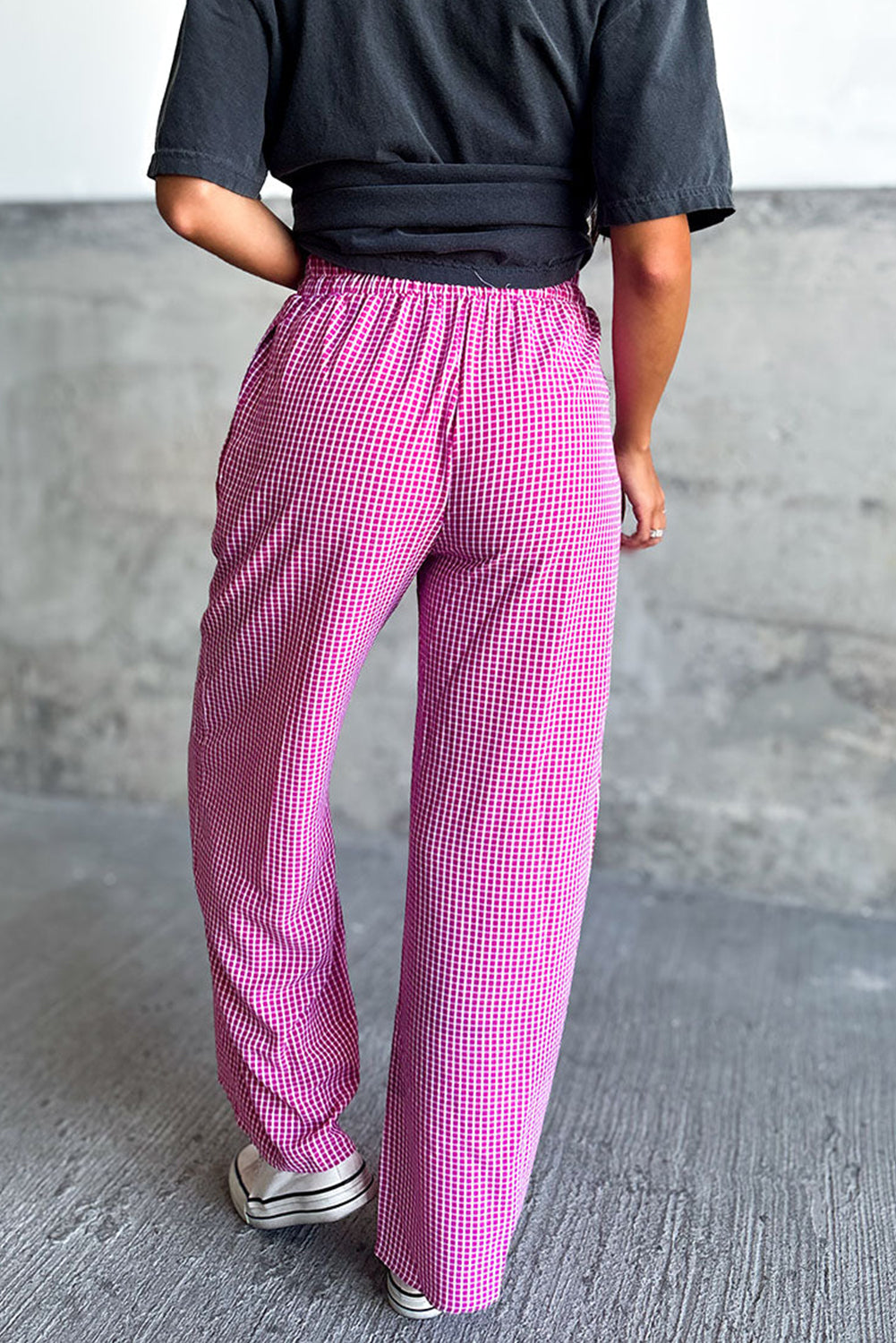 Pink Plaid Drawstring 100% Cotton High Waist Wide Leg