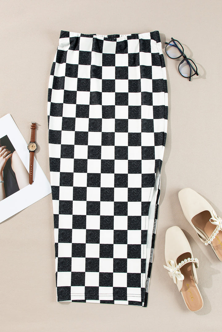 White Checkered Print Side Slit High Waist Midi Skirt