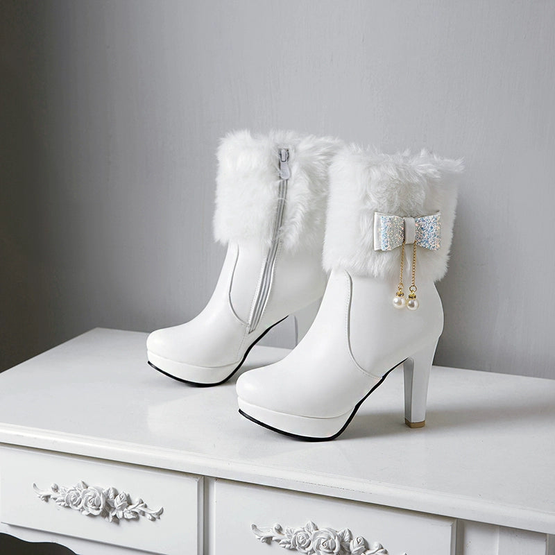 Cutesy Ankle Platform Boots with Plush Fur and an Adorable Glittery Bow Accent