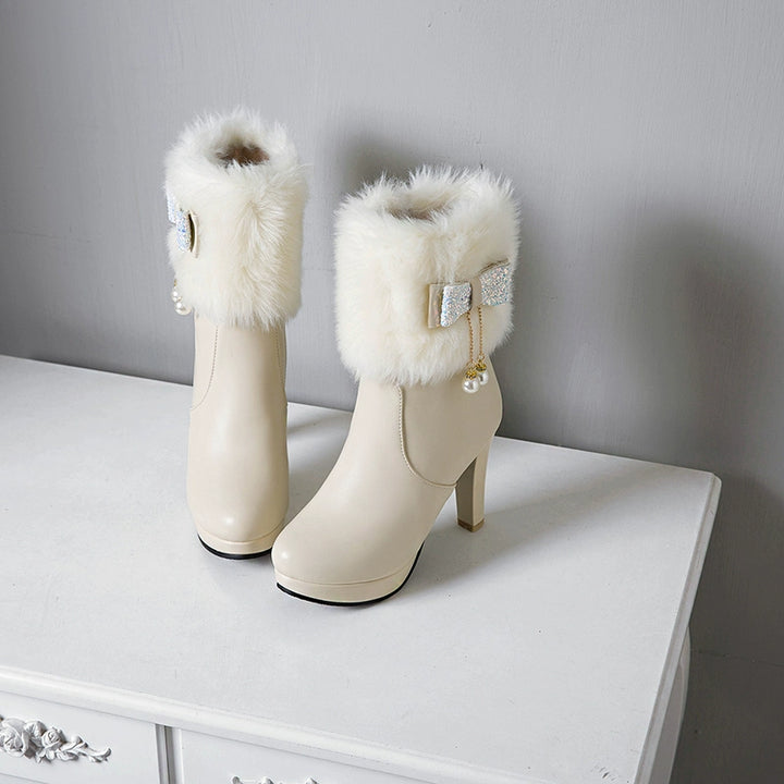 Cutesy Ankle Platform Boots with Plush Fur and an Adorable Glittery Bow Accent