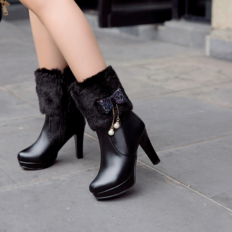 Cutesy Ankle Platform Boots with Plush Fur and an Adorable Glittery Bow Accent