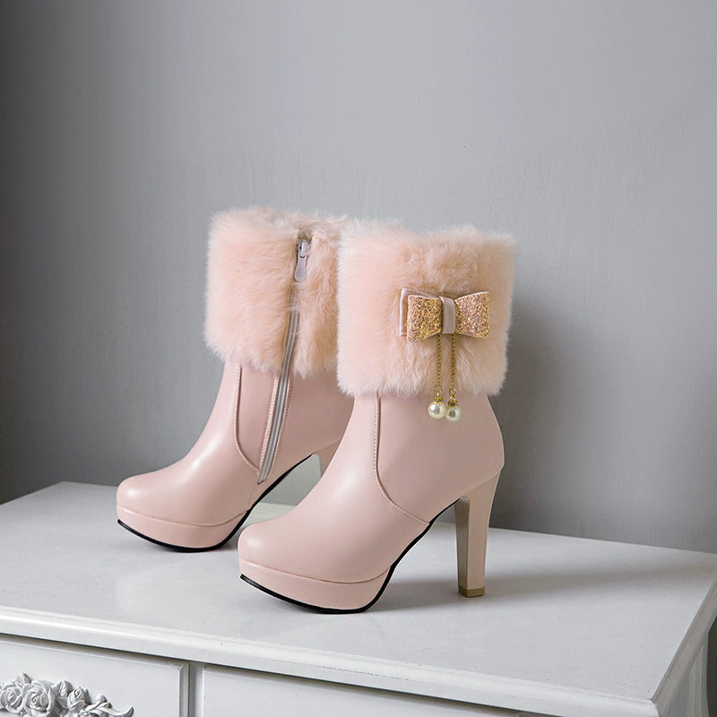 Cutesy Ankle Platform Boots with Plush Fur and an Adorable Glittery Bow Accent