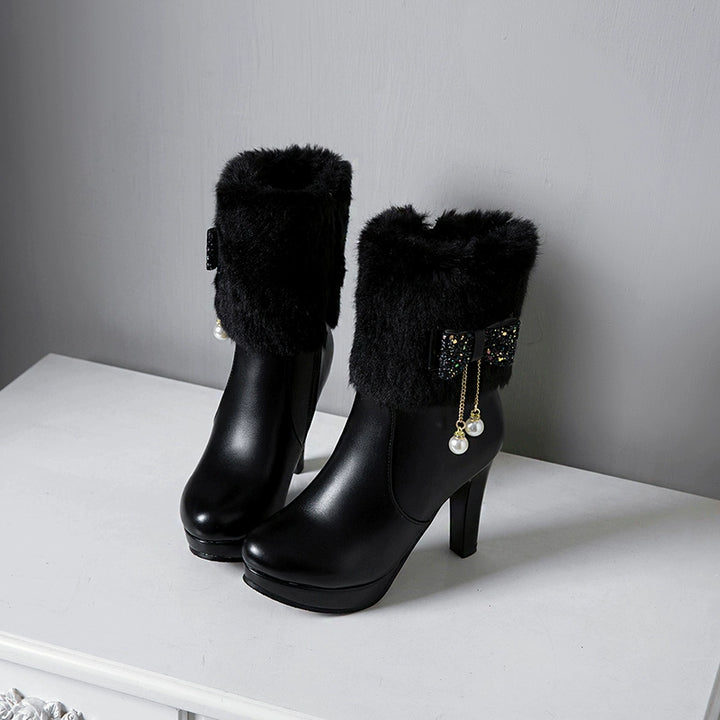 Cutesy Ankle Platform Boots with Plush Fur and an Adorable Glittery Bow Accent