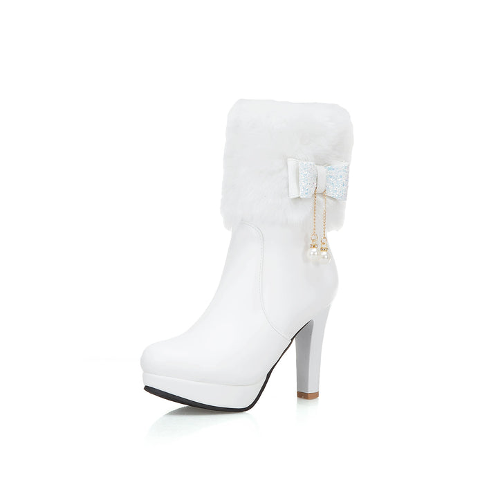 Cutesy Ankle Platform Boots with Plush Fur and an Adorable Glittery Bow Accent