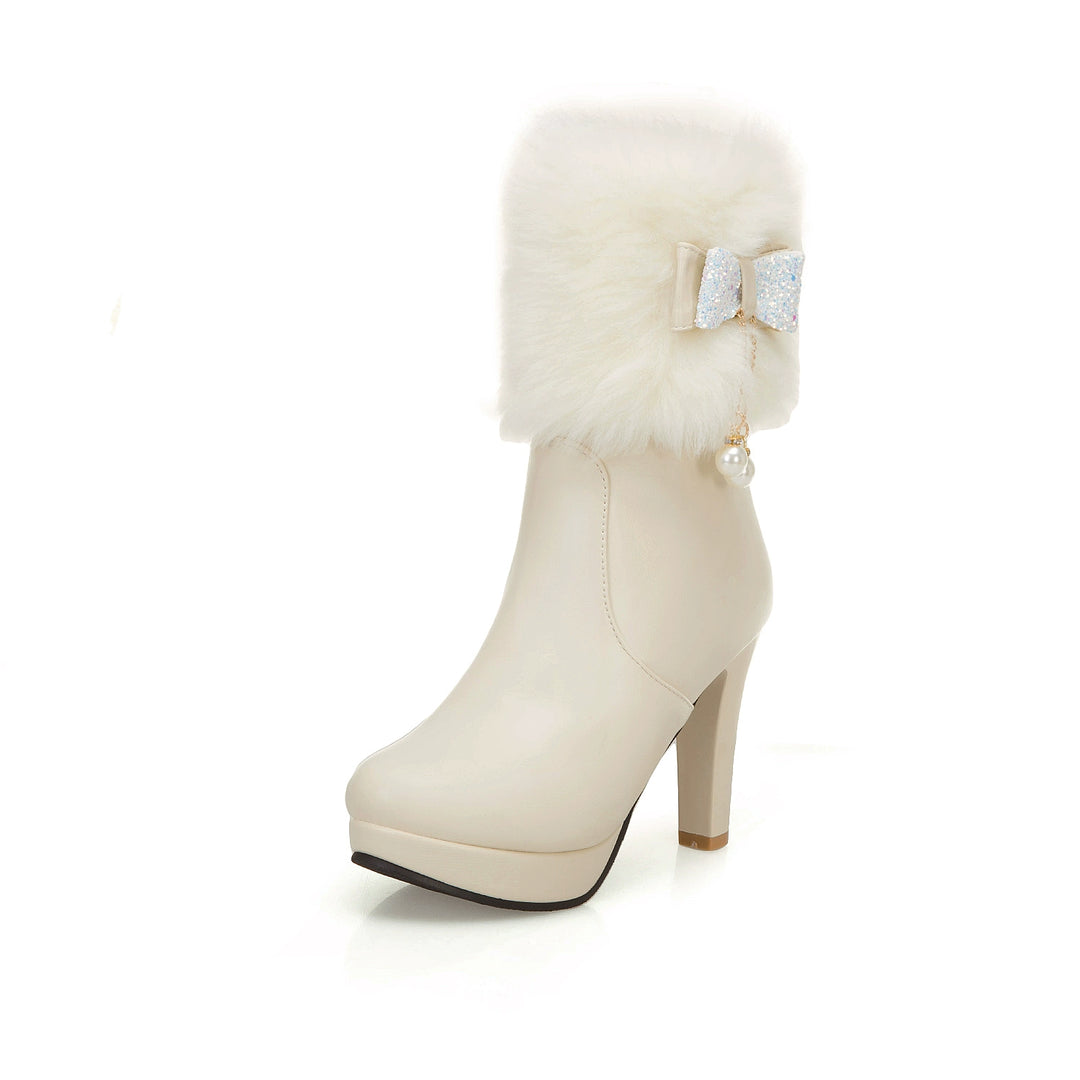 Cutesy Ankle Platform Boots with Plush Fur and an Adorable Glittery Bow Accent