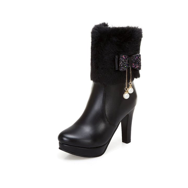 Cutesy Ankle Platform Boots with Plush Fur and an Adorable Glittery Bow Accent