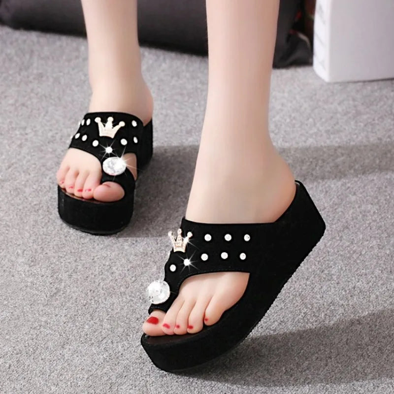 Lovely Rhinestone Platform Thong Flip Flop Wedges Sandals