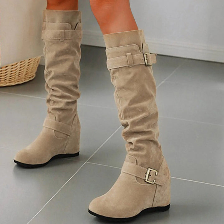 Pull On Suede Wedge Heel Knee High Boots