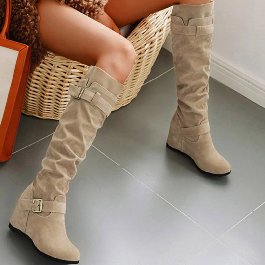 Pull On Suede Wedge Heel Knee High Boots