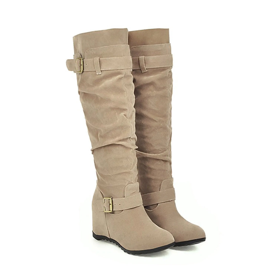 Pull On Suede Wedge Heel Knee High Boots