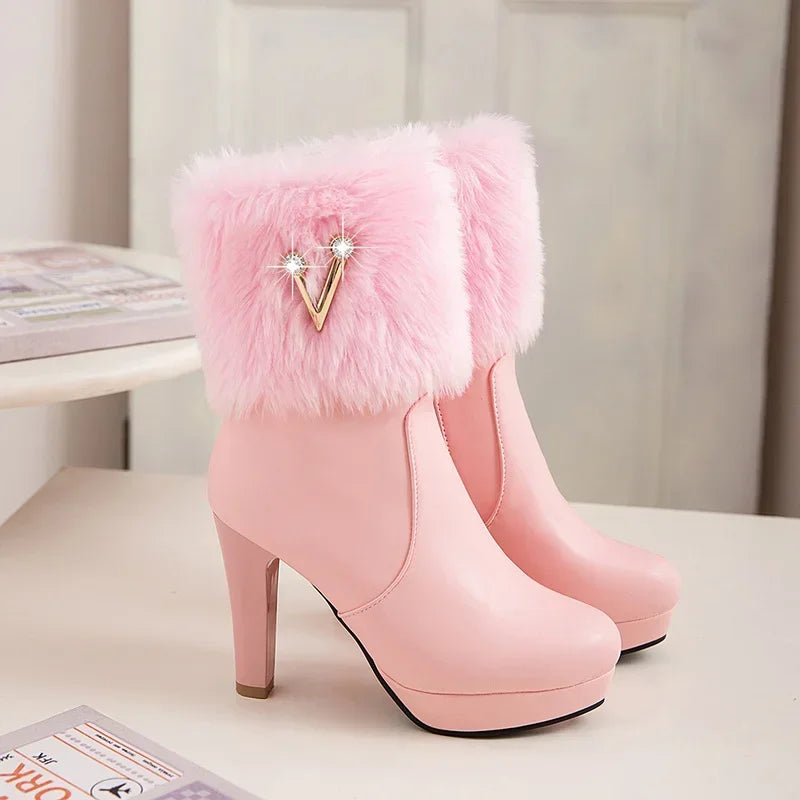 V Buckle Platform Ankle Boots with Plush Fur