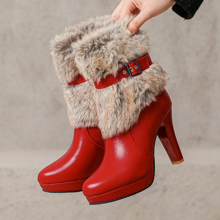 Stylish Platform High Heel Ankle Boots w Fur Accents