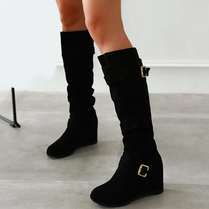 Pull On Suede Wedge Heel Knee High Boots