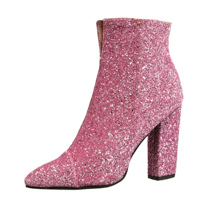 Chunky Heel Round Toe Glitter Design Ankle Boots