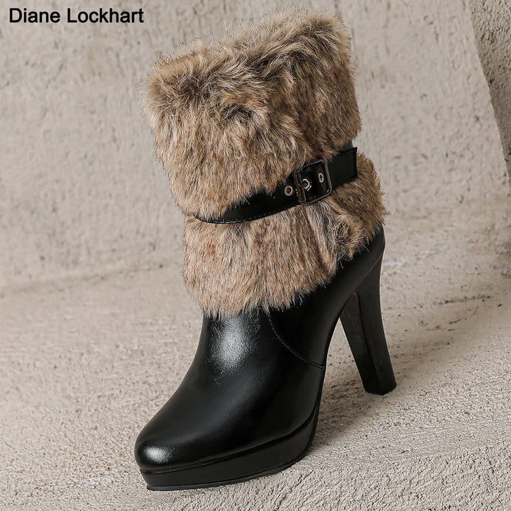 Stylish Platform High Heel Ankle Boots w Fur Accents