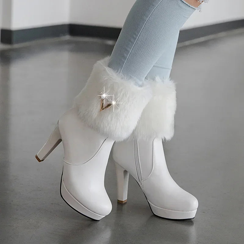 V Buckle Platform Ankle Boots with Plush Fur