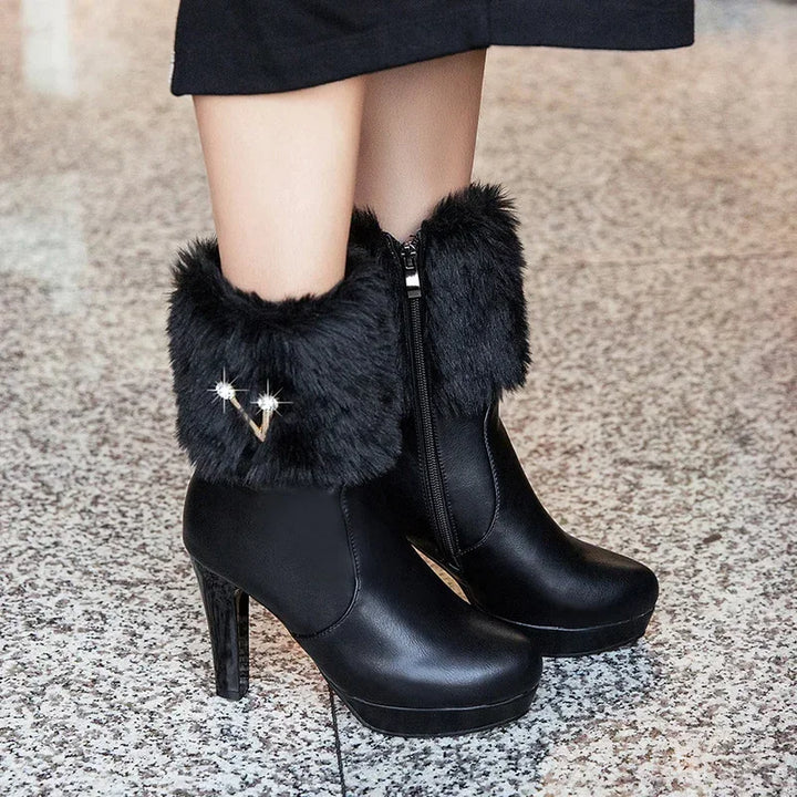 V Buckle Platform Ankle Boots with Plush Fur