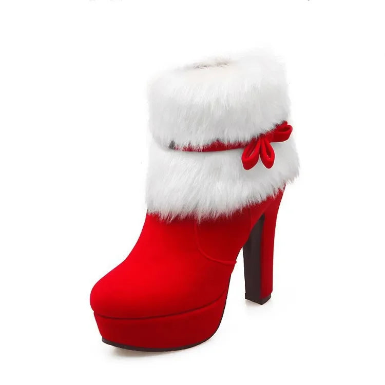 Winter New Holiday Platform Ankle Boots with Decorative Bow Accent