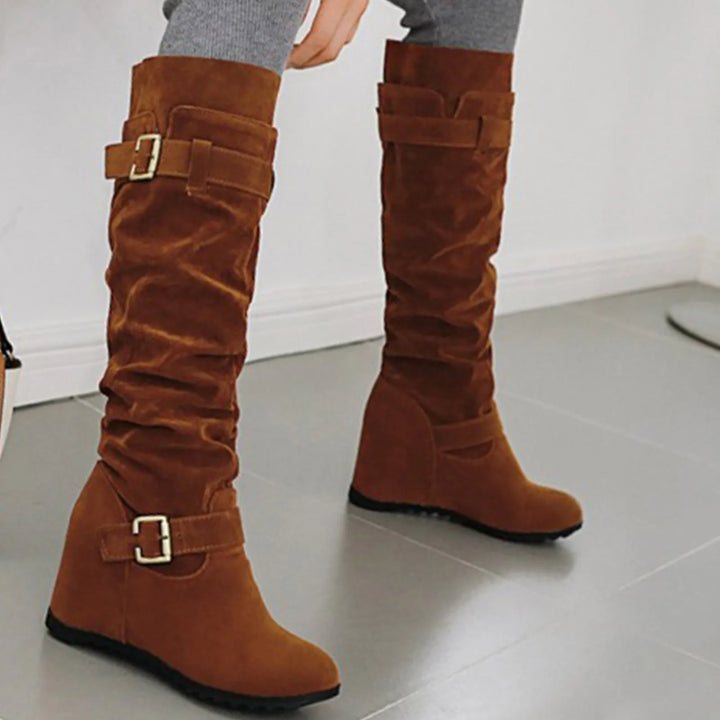 Pull On Suede Wedge Heel Knee High Boots