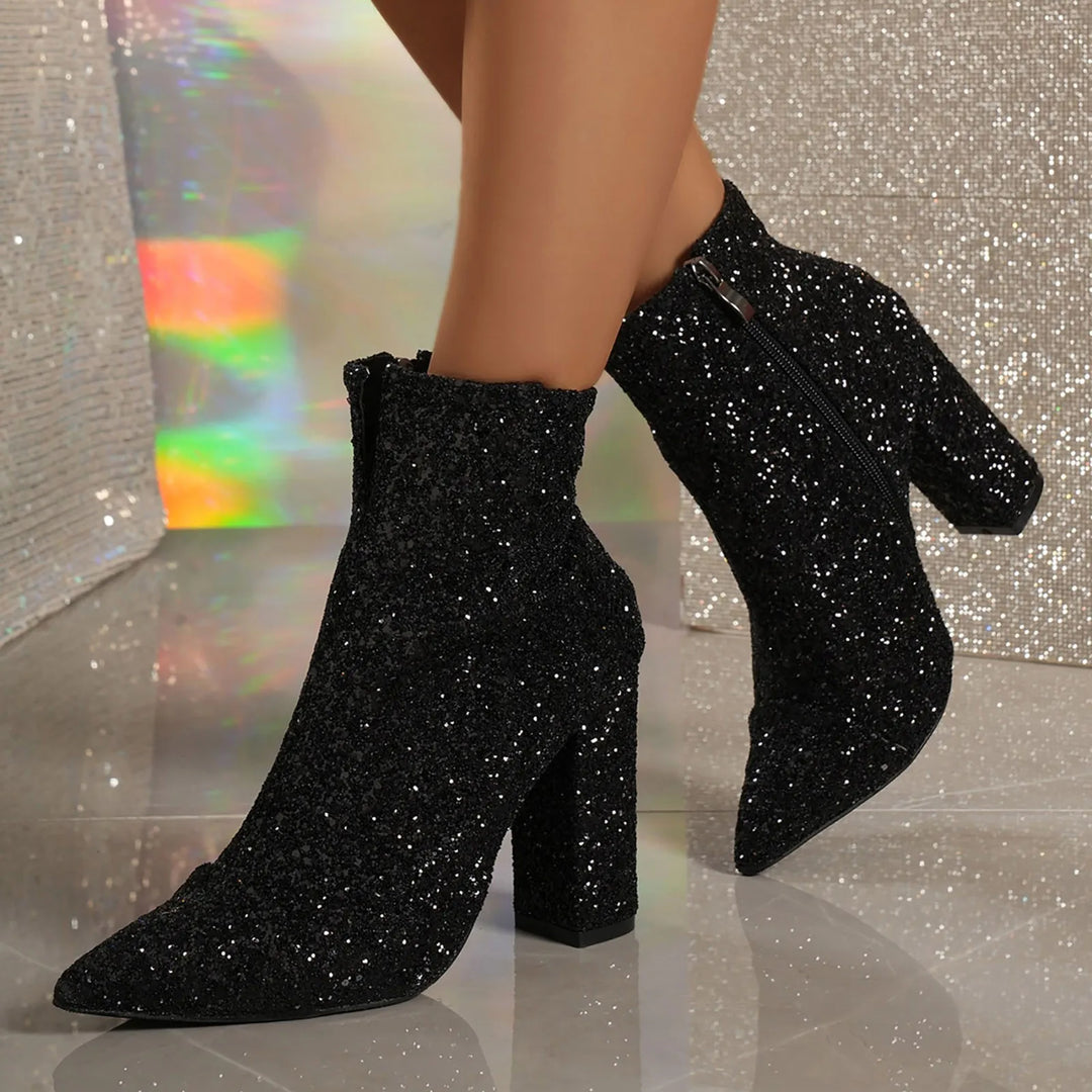 Chunky Heel Round Toe Glitter Design Ankle Boots