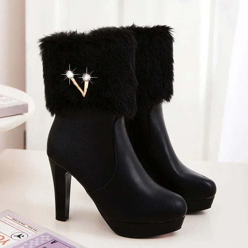 V Buckle Platform Ankle Boots with Plush Fur