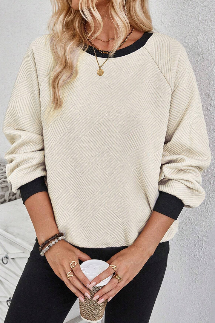 Jet Stream Color Block Edge Raglan Sleeve Crew Neck Textured Top