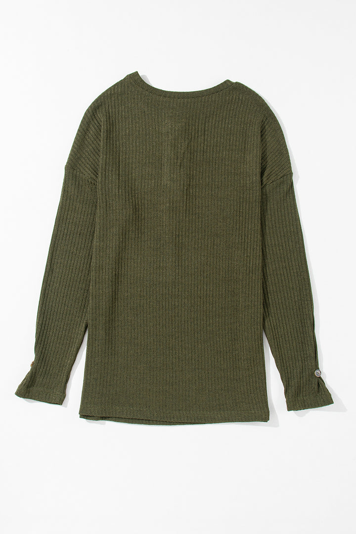 Forest Green Rib Textured Henley Knit Top