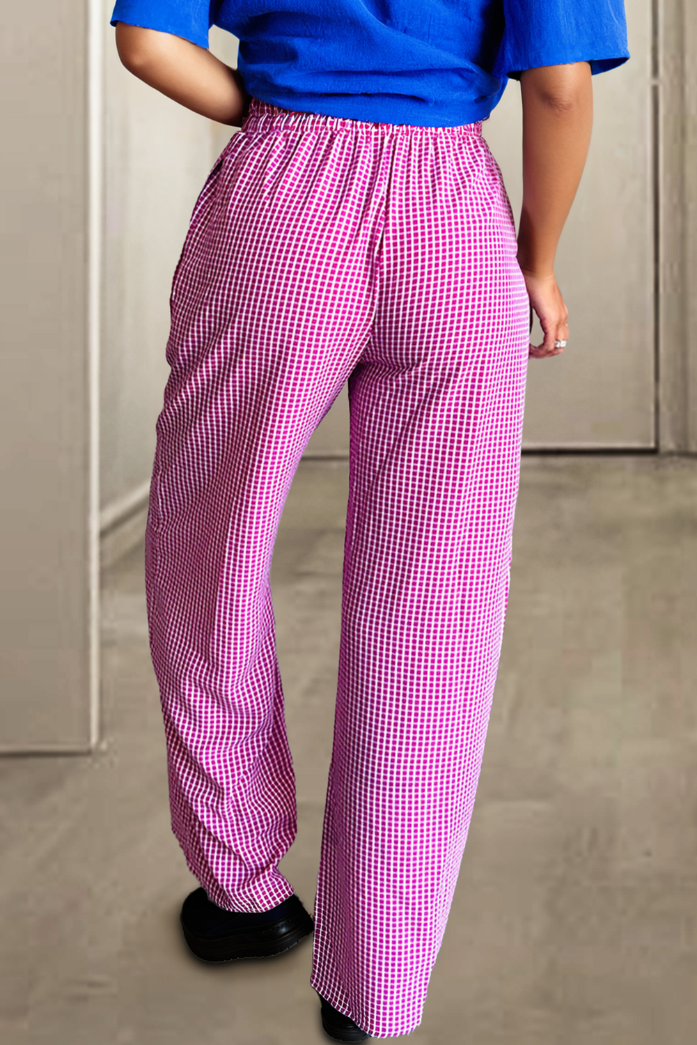 Pink Plaid Drawstring 100% Cotton High Waist Wide Leg