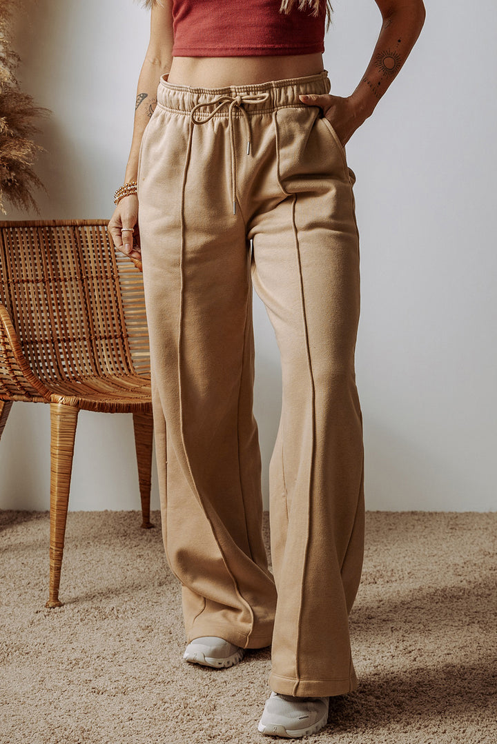 Beautiful Exposed Seam Drawstring High Waist Khaki Wide Leg Pants