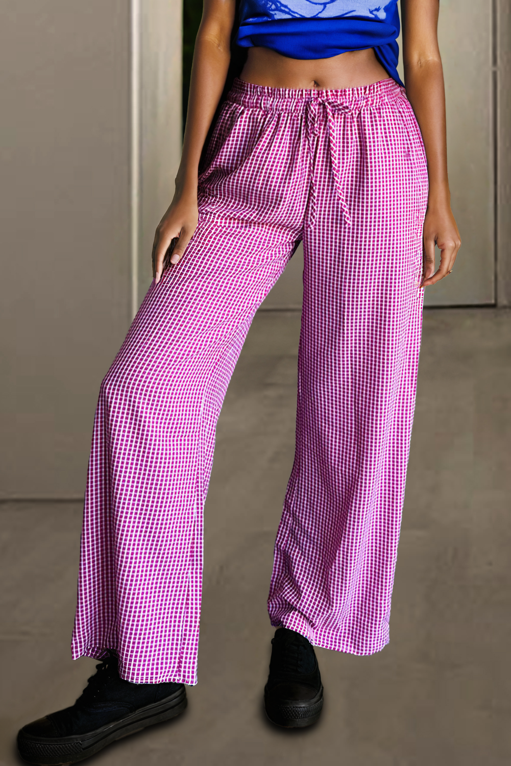 Pink Plaid Drawstring 100% Cotton High Waist Wide Leg