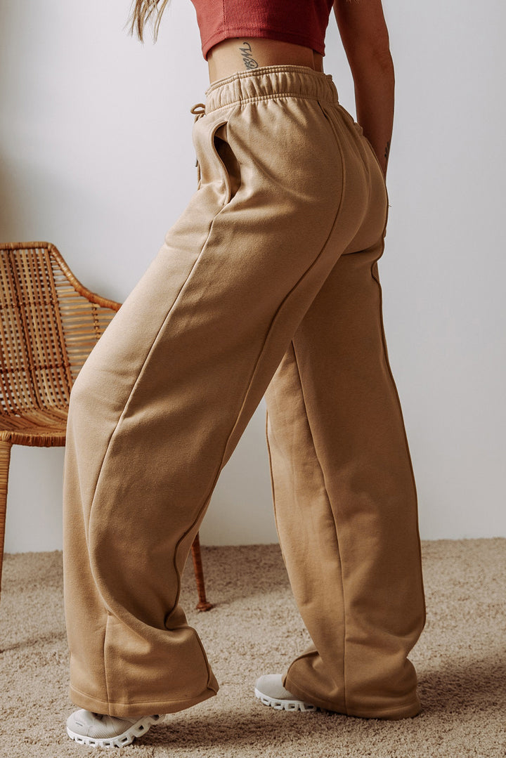 Beautiful Exposed Seam Drawstring High Waist Khaki Wide Leg Pants